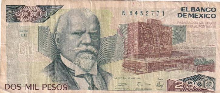 Mexico 2000 pesos 28-3-1989 serie EE, Postzegels en Munten, Bankbiljetten | Amerika, Los biljet, Midden-Amerika, Verzenden
