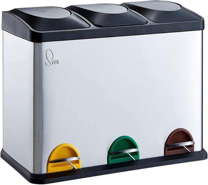 Triple trash bin, Huis en Inrichting, Woonaccessoires | Prullenbakken, Nieuw, Metaal, Minder dan 50 cm, 40 liter of meer, Met pedaal