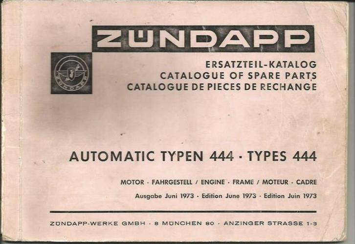 Zundapp Onderdelenlijst Automatic Typen 444 (7087z), Fietsen en Brommers, Handleidingen en Instructieboekjes, Zo goed als nieuw