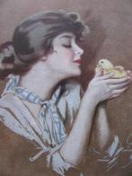 Antieke Gesigneerde Glamour Kaart - Dame met Kuiken, Overige thema's, Ongelopen, Voor 1920, Verzenden