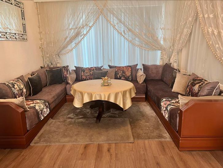 Complete (Marokkaanse) U - Zithoek (incl. Gordijnen!), Huis en Inrichting, Banken | Complete zithoeken, Zo goed als nieuw, Hout