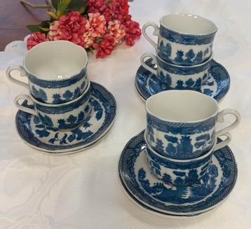 Set van 6 brocante kopjes met schotel, blauw/wit, Oosters beschikbaar voor biedingen