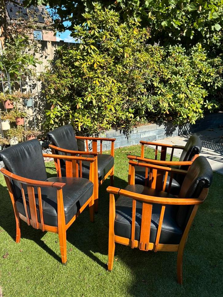 Eetkamer stoelen art nouveau Stoutenbeek/ Walraven, Huis en Inrichting, Stoelen, Gebruikt, Vier, Leer, Zwart, Ophalen of Verzenden