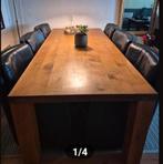 Tafel en 6 runderleer stoelen op wielen., Ophalen of Verzenden, Gebruikt