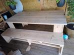 Steigerhouten eettafel compleet met bankjes, Tuin en Terras, Ophalen of Verzenden, Zo goed als nieuw, Hout