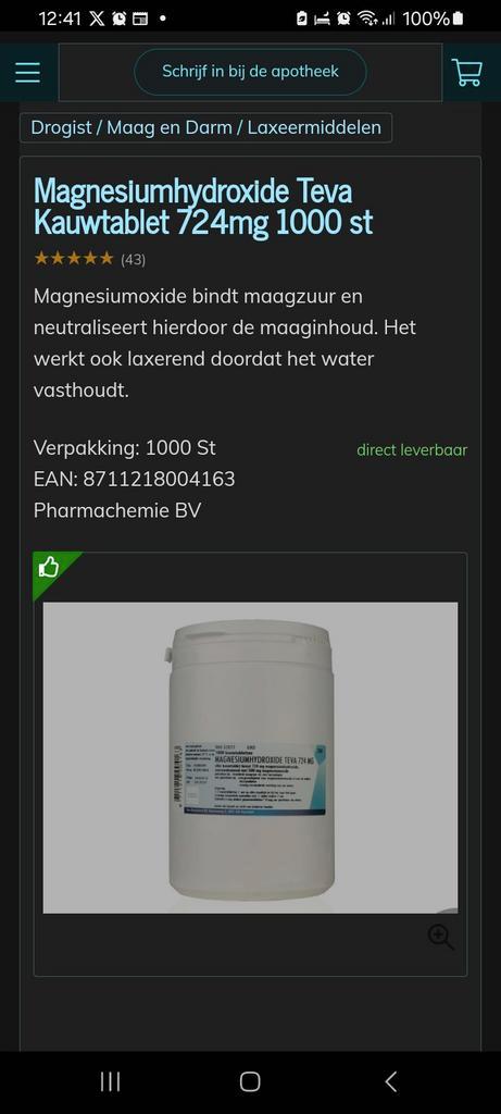 Magnesiumhydroxide 724mg 1000stuks nieuw!, Diversen, Verpleegmiddelen, Nieuw, Ophalen of Verzenden