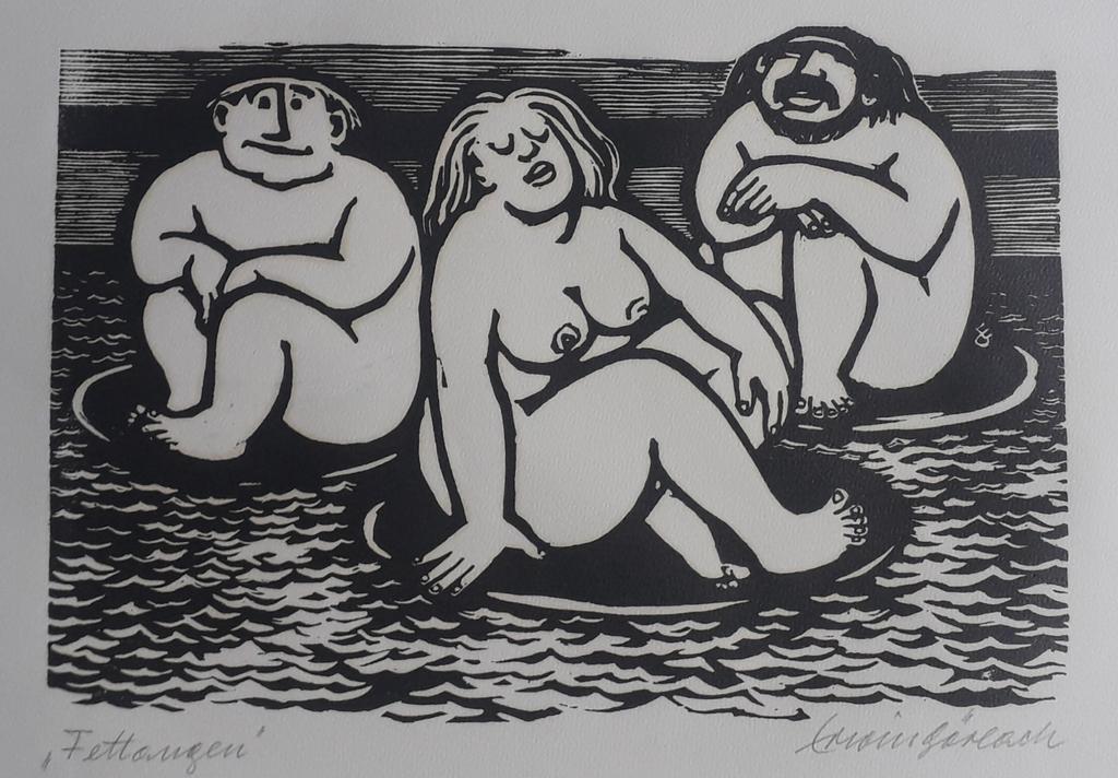 3 FIGUREN>NAAKT>GRAFIEK>GESIGNEERDE HOUTSNEDE, Antiek en Kunst, Kunst | Etsen en Gravures, Ophalen of Verzenden