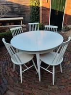 Vintage Pastoe eettafel met vijf stoelen, Ophalen, Gebruikt, 100 tot 150 cm, 200 cm of meer