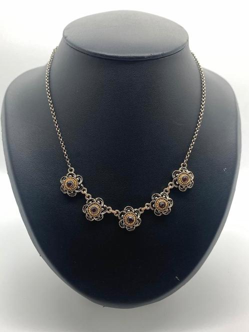 V998 Prachtige zilveren granaat ketting, Sieraden, Tassen en Uiterlijk, Antieke sieraden, Ketting, Zilver, Met edelsteen, Verguld