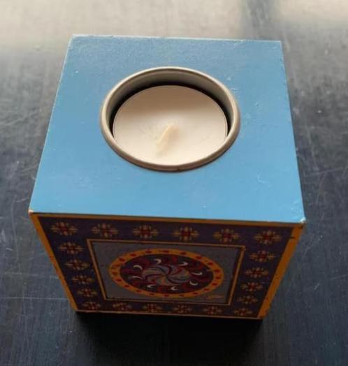 Blauw, vierkant houten waxinelichtje, theelichtje; leuke zij, Huis en Inrichting, Woonaccessoires | Kandelaars en Kaarsen, Gebruikt