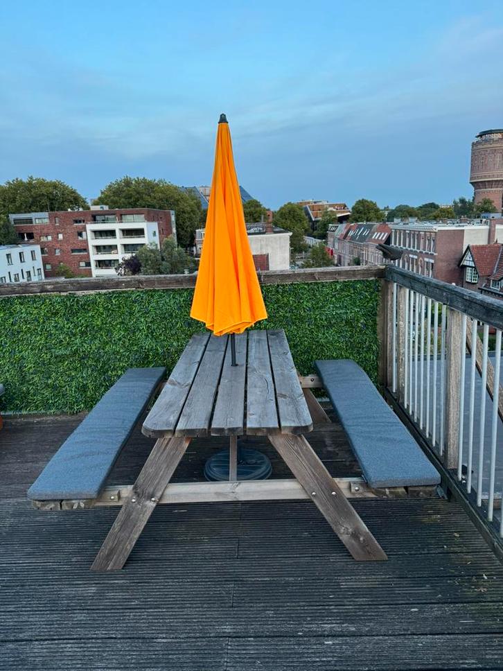 Picknicktafel 180x70cm met zitkussens en inklapbare zitting, Tuin en Terras, Picknicktafels, Gebruikt, Rechthoekig, Hout, Inklapbaar