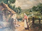 Antieke olieverf schilderij boerderij, Antiek en Kunst, Ophalen of Verzenden