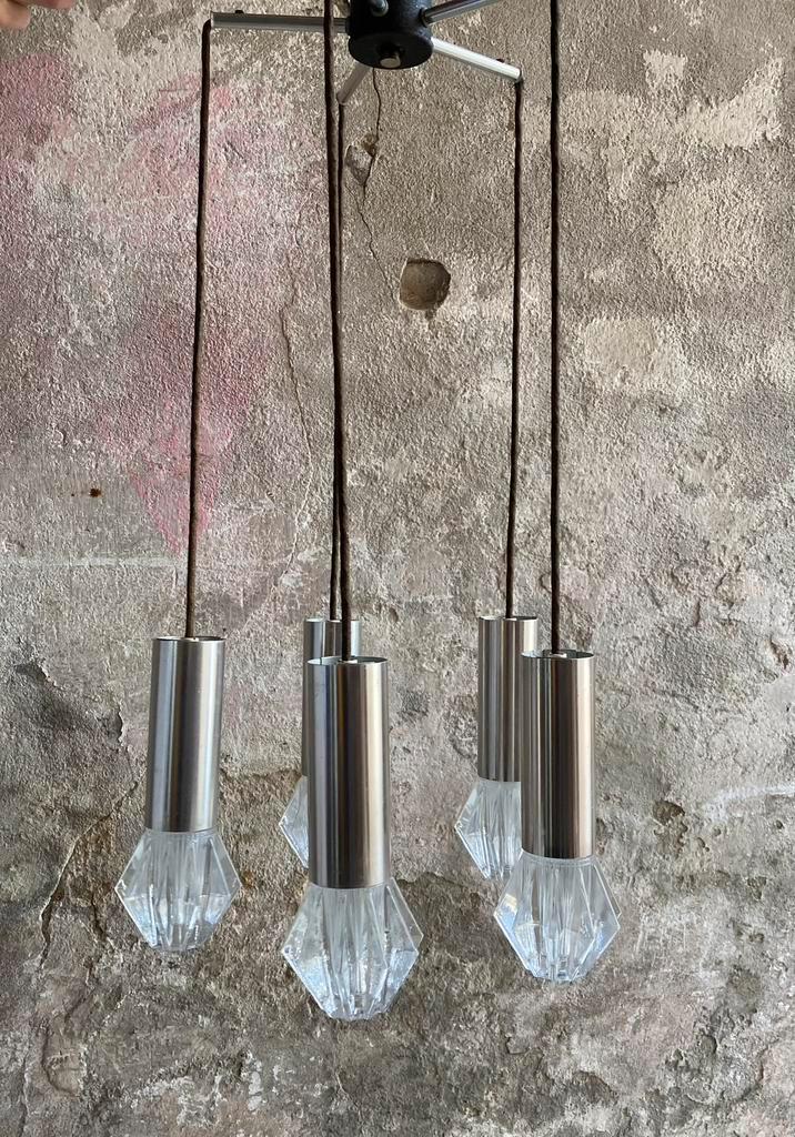 Pendant hanglamp met glazen kapjes, jaren 60, Huis en Inrichting, Lampen | Hanglampen, Gebruikt, Minder dan 50 cm, Glas, Metaal