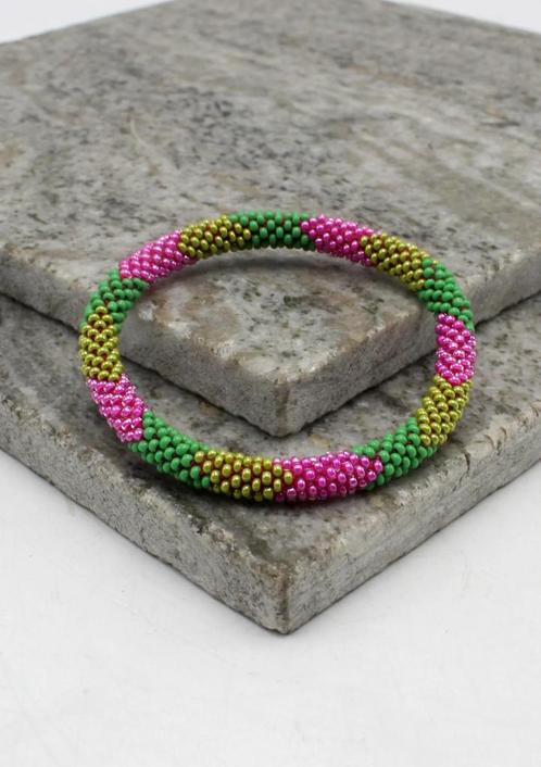 Glaskralen armband - groen en roze - RB222, Sieraden, Tassen en Uiterlijk, Armbanden, Nieuw, Overige kleuren, Verzenden