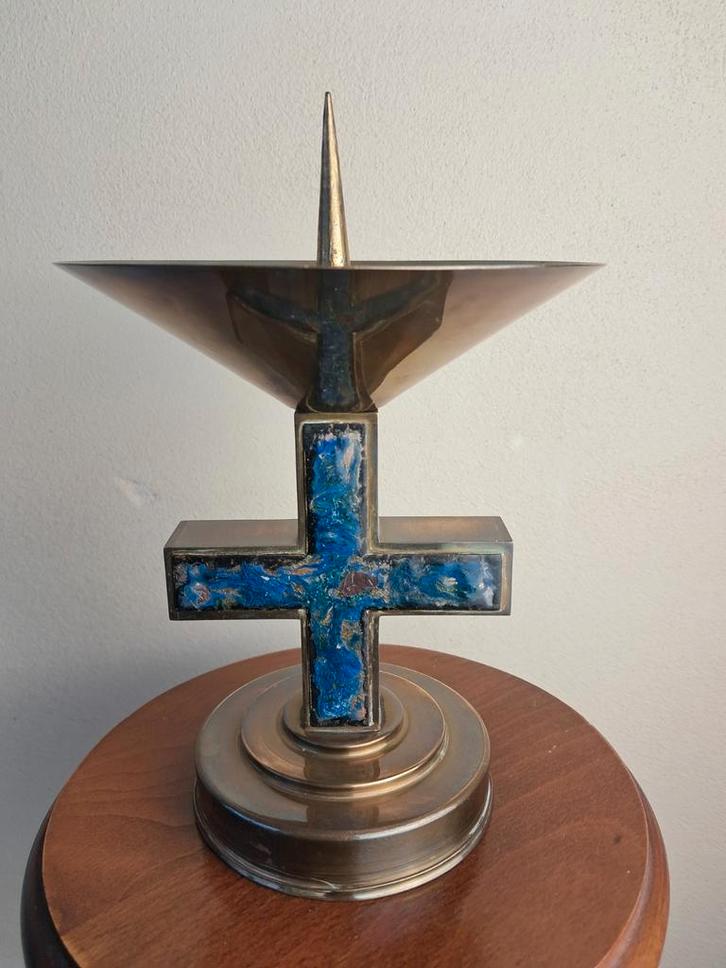 Fraaie penkandelaar messing met gekleurd emaille, Antiek en Kunst, Antiek | Kandelaars, Overige materialen, Ophalen of Verzenden