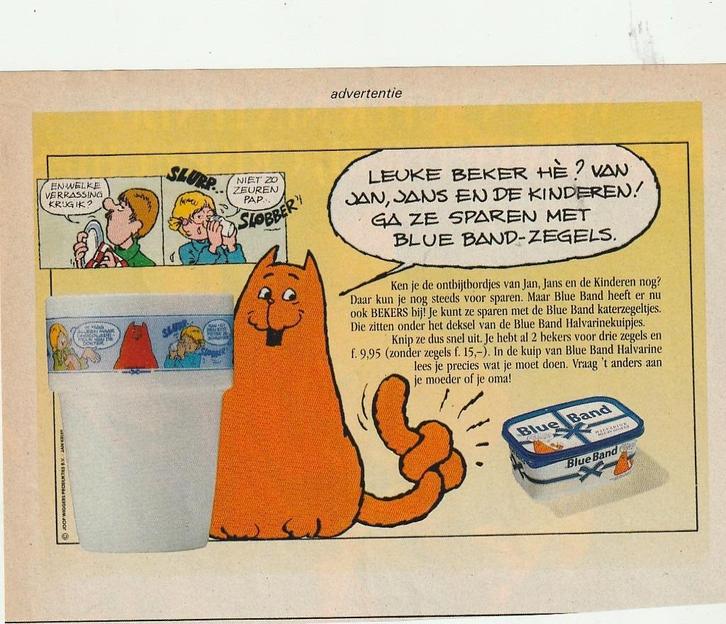 Retro reclame 1992 Blue Band Jan Jans Kinderen mok beker, Verzamelen, Retro, Overige typen, Verzenden
