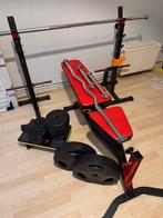 Thuisgym set: bank, steunen, stangen, 85kg gewichten, Ophalen, Gebruikt