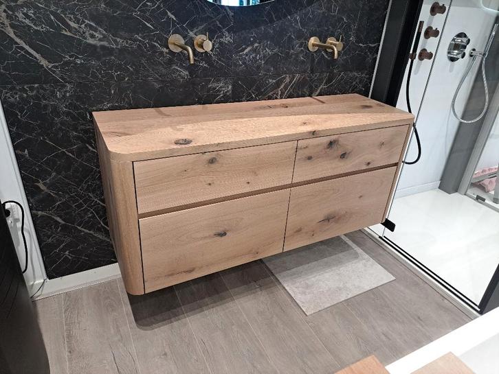Son 3.0 Uniek Rustiek Massief Eiken Houten Badmeubel 140cm, Huis en Inrichting, Badkamer | Badkamermeubels, Nieuw, Wastafelkast
