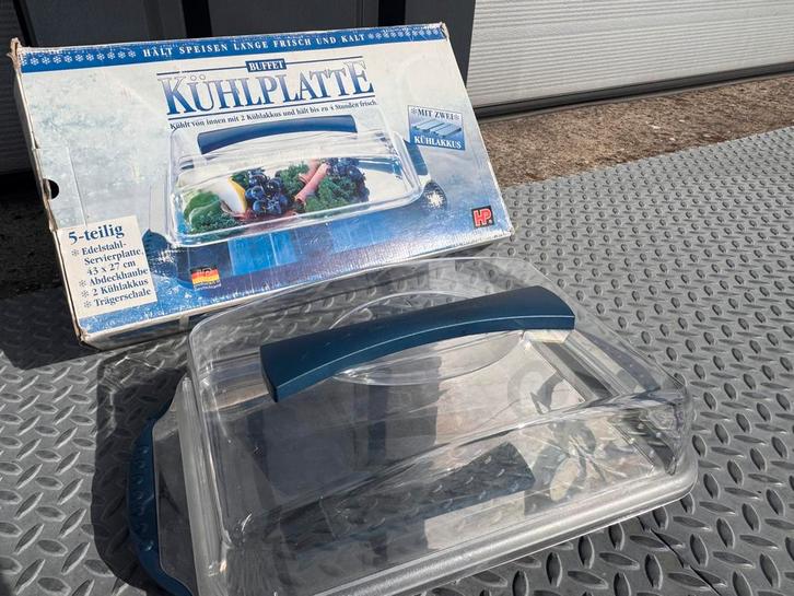 Buffet koelplaat met RVS schaal en deksel – BBQ en tuinfeest, Tuin en Terras, Barbecue-accessoires, Gebruikt, Ophalen of Verzenden