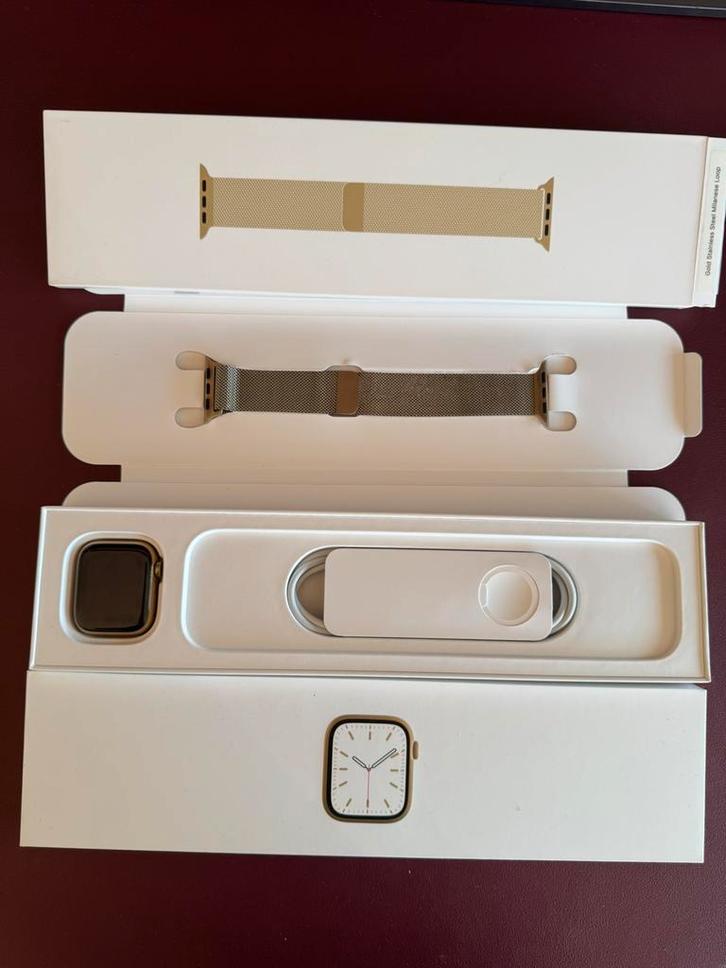 Apple Watch Series 7 met milanese loop, Titanium Gold, 41 mm, Sieraden, Tassen en Uiterlijk, Smartwatches, Zo goed als nieuw, iOS