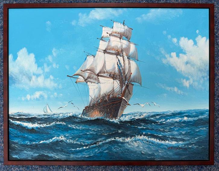 Olieverf schilderij zeilschip 43×33 cm - maritiem zee oceaan, Antiek en Kunst, Kunst | Schilderijen | Klassiek, Ophalen of Verzenden