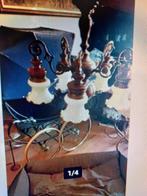 oude vijfarmige hanglamp met rok kelken., Gebruikt, 50 tot 75 cm, Glas, Ophalen of Verzenden