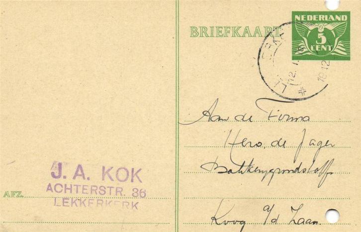 J.A. Kok, Lekkerkerk - 01.1942 - briefkaart, Postzegels en Munten, Brieven en Enveloppen | Nederland, Envelop, Ophalen of Verzenden