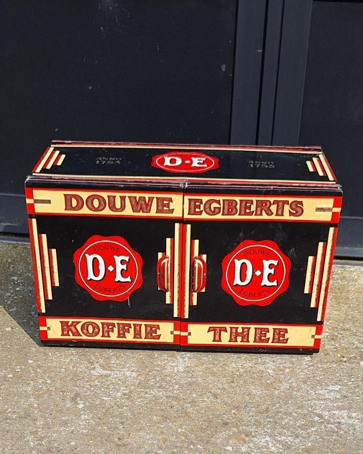 Winkelblik Douwe Egberts met twee scharnierende deurtjes., Verzamelen, Blikken, Gebruikt, Koffie, Douwe Egberts, Ophalen of Verzenden
