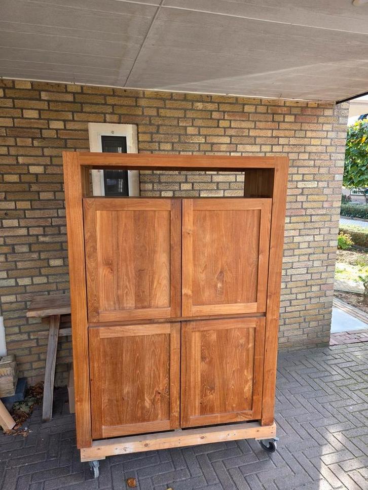 Foucault double teakhouten kast 160x116x45, Huis en Inrichting, Kasten | Buffetkasten, Gebruikt, 150 tot 200 cm, 100 tot 150 cm