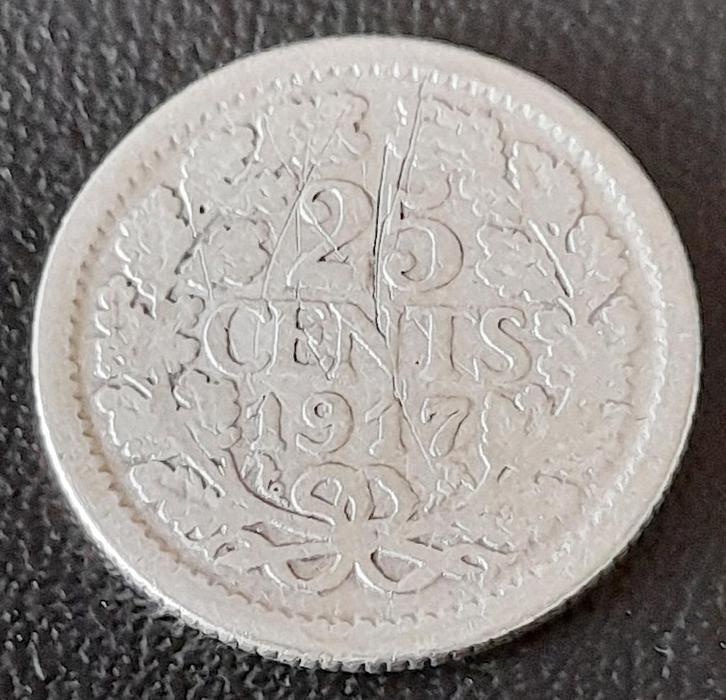 Nederland 25 cent 1917 (lot 1), Postzegels en Munten, Munten | Nederland, Losse munt, 25 cent, Koningin Wilhelmina, Zilver, Ophalen of Verzenden