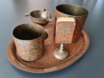 vintage koperen rookstel 5-delig gemerkt beschilderd koper beschikbaar voor biedingen