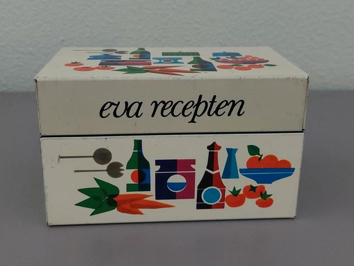 6Blikje kaartenbakje Eva Recepten VINTAGE jaren 60, Verzamelen, Blikken, Gebruikt, Overige, Ophalen of Verzenden