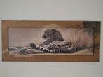 Schilderij van luipaard met doorgeschilderde lijst 47 x 112, Ophalen, Gebruikt, Schilderij, 100 tot 125 cm