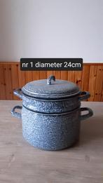 EMAILLE GRIJSGEWOLKTE STOOMPAN DIAMETER 24CM., Antiek en Kunst, Antiek | Emaille, Ophalen of Verzenden