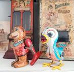 Antiek blikken speelgoed vogel aap en emmertje., Ophalen of Verzenden