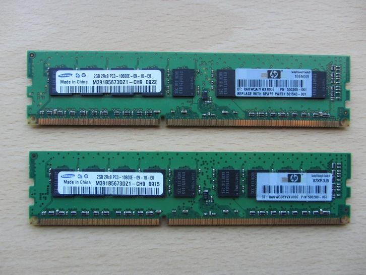 2x Samsung 2GB PC3-10600 DDR3-1333MHz ECC Unbuffered CL9, Computers en Software, RAM geheugen, Zo goed als nieuw, Server, 2 GB