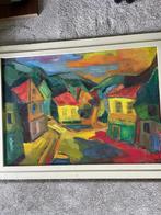 Kleurrijk Dorpsgezicht J. Jonkers, 1981, Modern Schilderij, Ophalen of Verzenden
