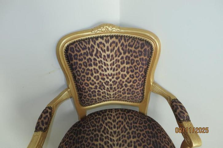 Gouden Stoel met Luipaardprint - Prachtige Eyecatcher, Huis en Inrichting, Stoelen, Zo goed als nieuw, Eén, Hout, Overige kleuren