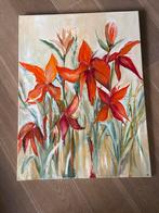 Modern Schilderij: Oranje Bloemen op Doek - AK Gesigneerd, Antiek en Kunst, Ophalen of Verzenden