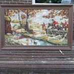 Vintage geborduurd schilderij met jachttafereel ingelijst, Antiek en Kunst, Curiosa en Brocante, Ophalen