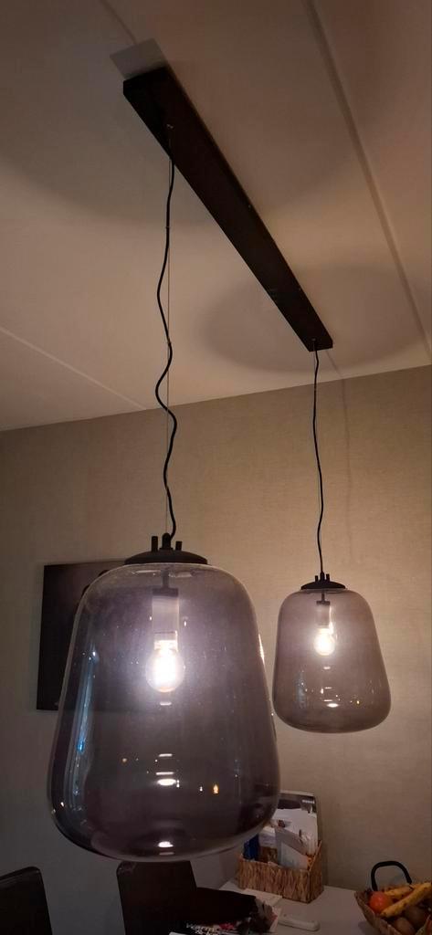 Hanglamp glas/zwart metaal 120cm breed, Huis en Inrichting, Lampen | Hanglampen, Zo goed als nieuw, Minder dan 50 cm, Glas, Ophalen