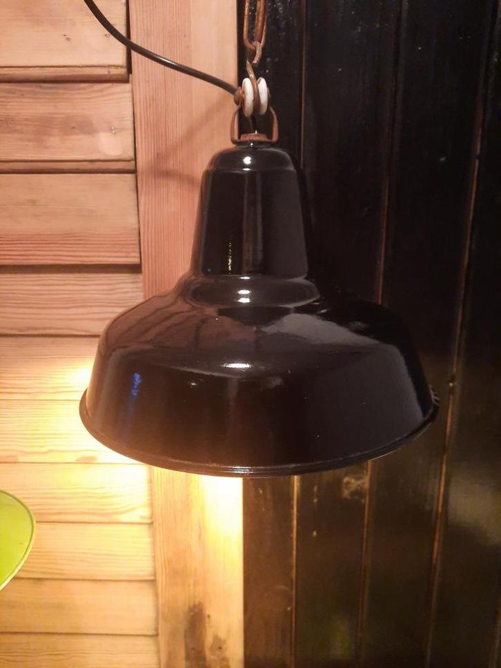 Zwart Emaille Fabriekslampje, Huis en Inrichting, Lampen | Hanglampen, Gebruikt, Minder dan 50 cm, Metaal, Ophalen of Verzenden