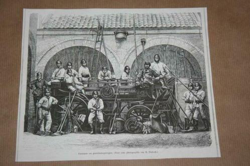 3 antieke gravures uit 1875  - Brandweer & brandweerwagens !, Antiek en Kunst, Kunst | Etsen en Gravures, Ophalen of Verzenden