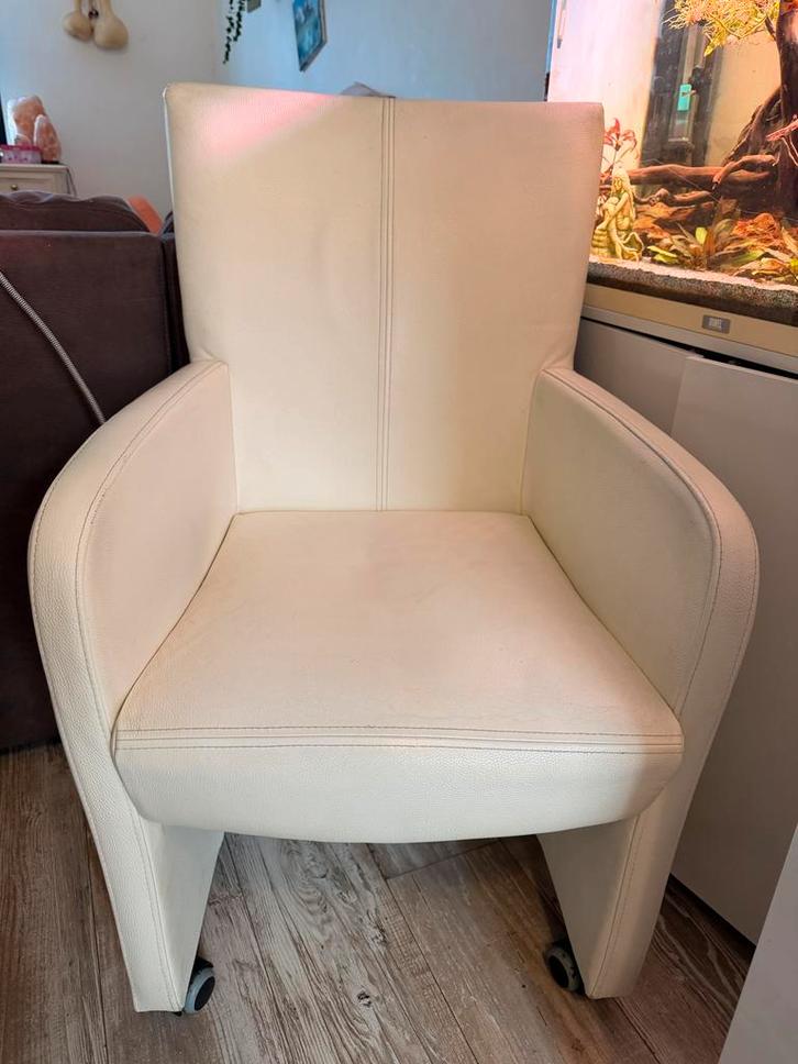 Set van 4 Witte Leren Eetkamerstoelen, Huis en Inrichting, Fauteuils, Gebruikt, Leer, Minder dan 50 cm, Minder dan 75 cm, Ophalen of Verzenden