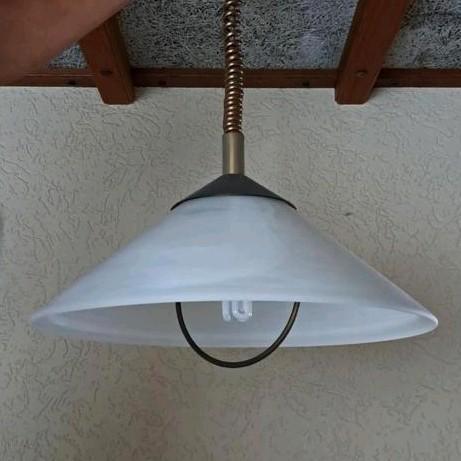 Hanglamp koper/messing uittrekbaar glazen kap matglas, Huis en Inrichting, Lampen | Hanglampen, Gebruikt, Minder dan 50 cm, Ophalen