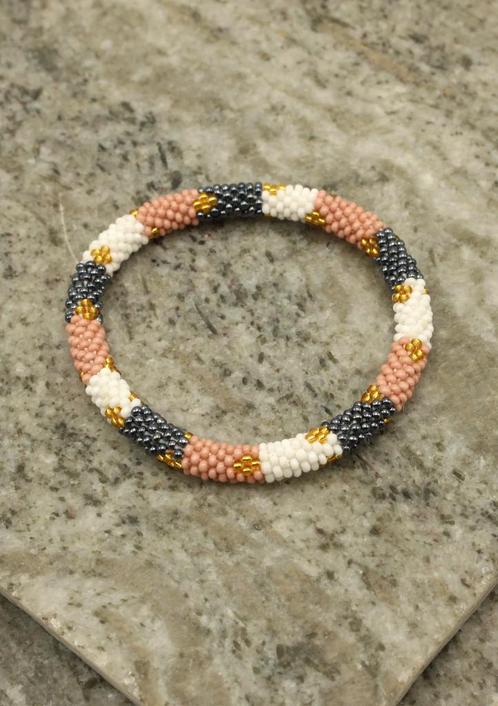 Glaskralen armband - zilver, wit en bruin - RB135, Sieraden, Tassen en Uiterlijk, Armbanden, Nieuw, Overige materialen, Verzenden