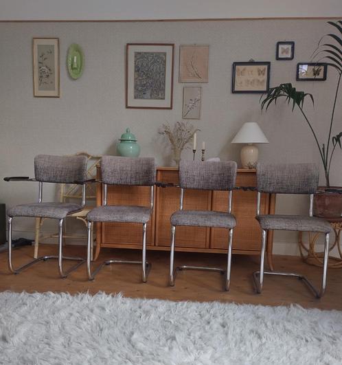 Tubax buisframe eetkamerstoelen, Huis en Inrichting, Stoelen, Gebruikt, Vier, Metaal, Stof, Overige materialen, Grijs, Ophalen