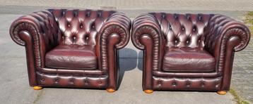 2 Chesterfield club fauteuils bruin rood leer + BEZORGING  beschikbaar voor biedingen