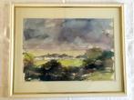 Hen Euverman - Landschap met dorp - Aquarel, Ingelijst, Ophalen of Verzenden