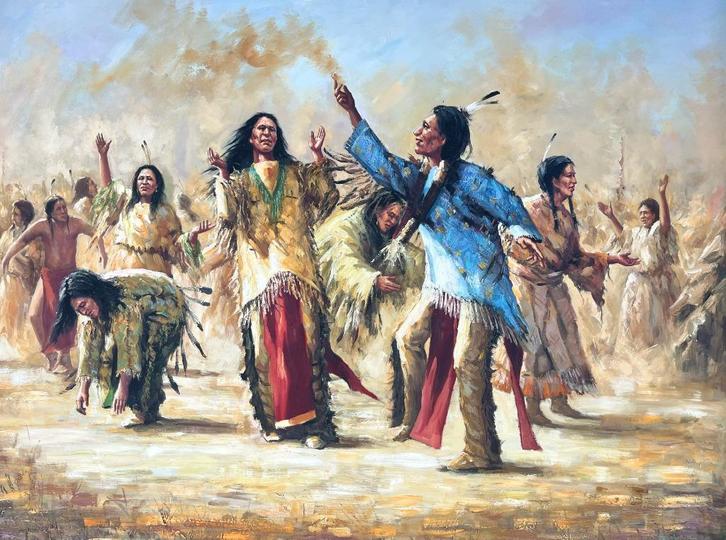 Schilderij dansende indianen prachtige kleuren 90x120cm, Antiek en Kunst, Kunst | Schilderijen | Klassiek, Ophalen of Verzenden